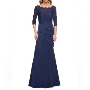 La Femme Scalloped Neckline Navy Sparkle Lace Off Shoulder Draped Skirt Dress